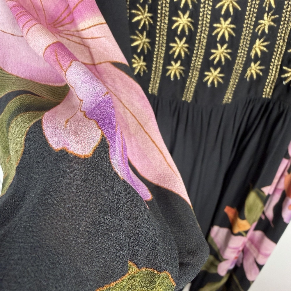 FARM Rio Embroidered Goddess Orchid Floral Long Sleeve Midi Dress Black Small - Picture 11 of 16